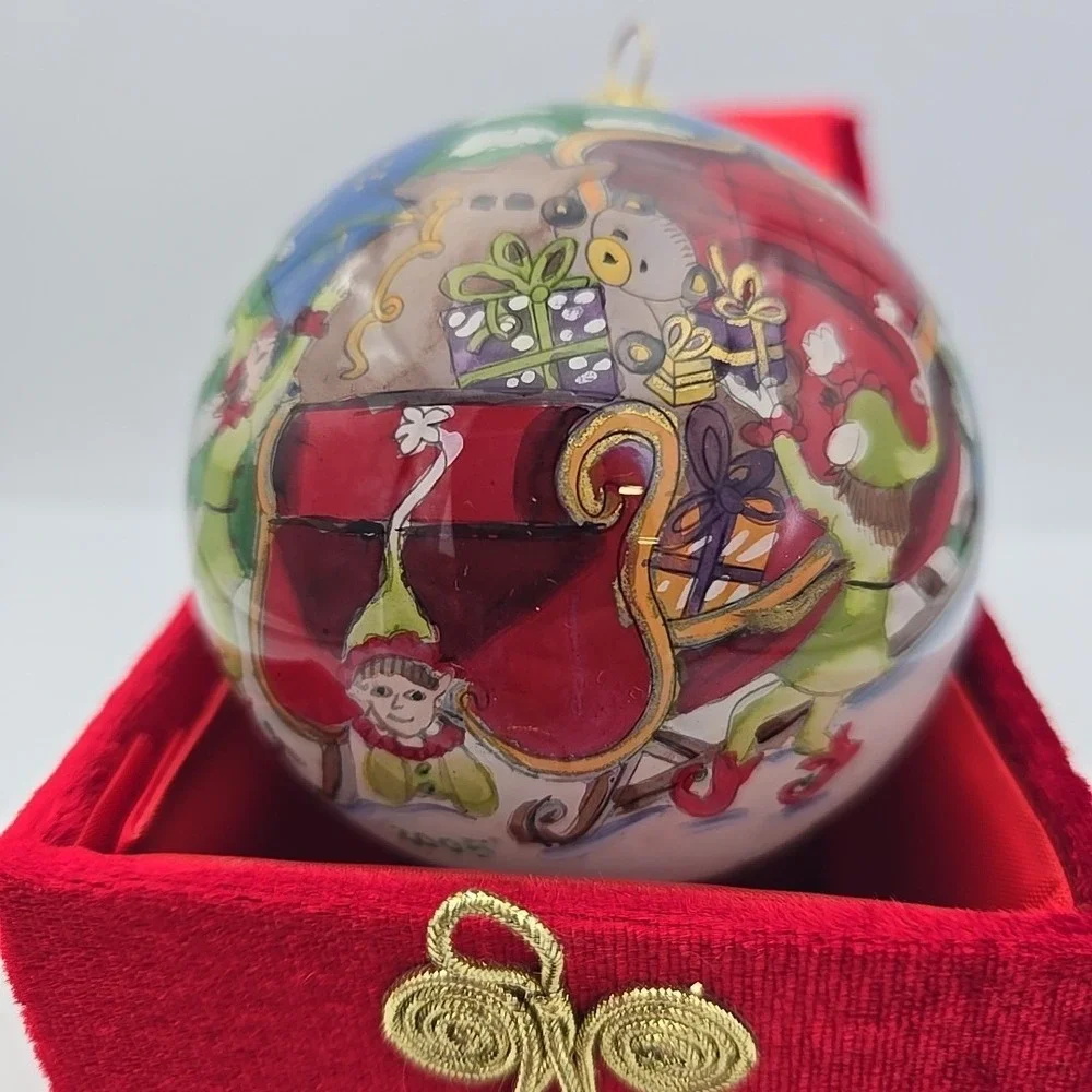 2005 PIER 1 IMPORTS LI BIEN ELVES & SLEIGH CHRISTMAS ORNAMENT GLASS‎ BOXED 4